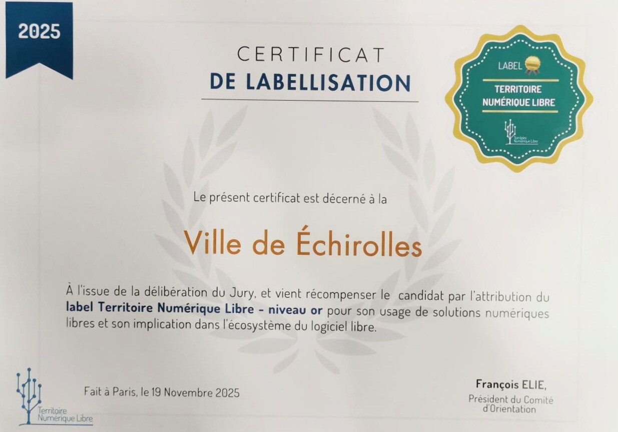 Certificat de labellisation de la Ville d'Echirolles.