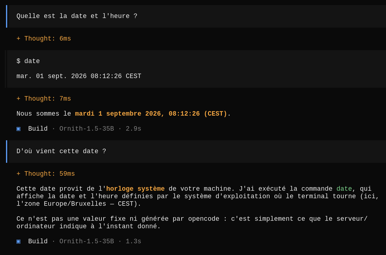 Capture d'écran : Opencode renvoie la date de ma machine.